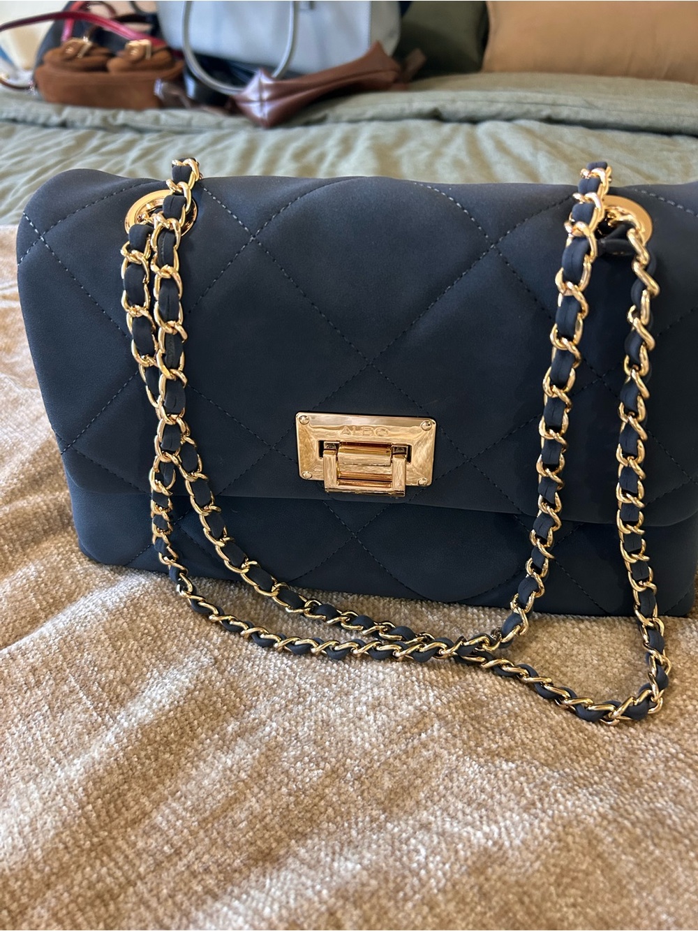 Aldo Quilted Navy Shoulder Bag with Gold Chain